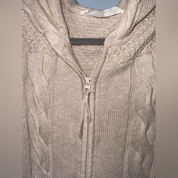 Athleta Beige Cable Knit Hooded Long Cardigan Small cotton/cashmere blend * Flaw - Picture 2 of 9